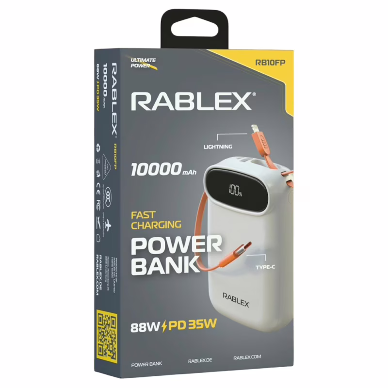Повербанк Rablex RB10FP, 10000 mAh, Lightning, Type-C, быстрая зарядка 88W, PD35W
