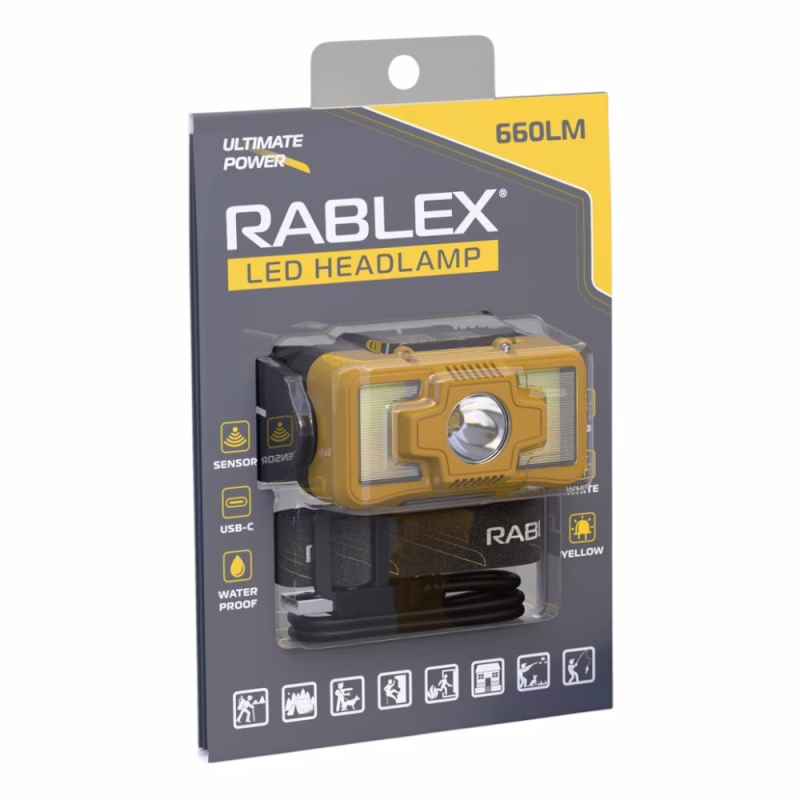 Налобний ліхтар Rablex RB968, жовтий + білий + червоний, 3хT6+4хCOB, Sensor, акум, Type-C