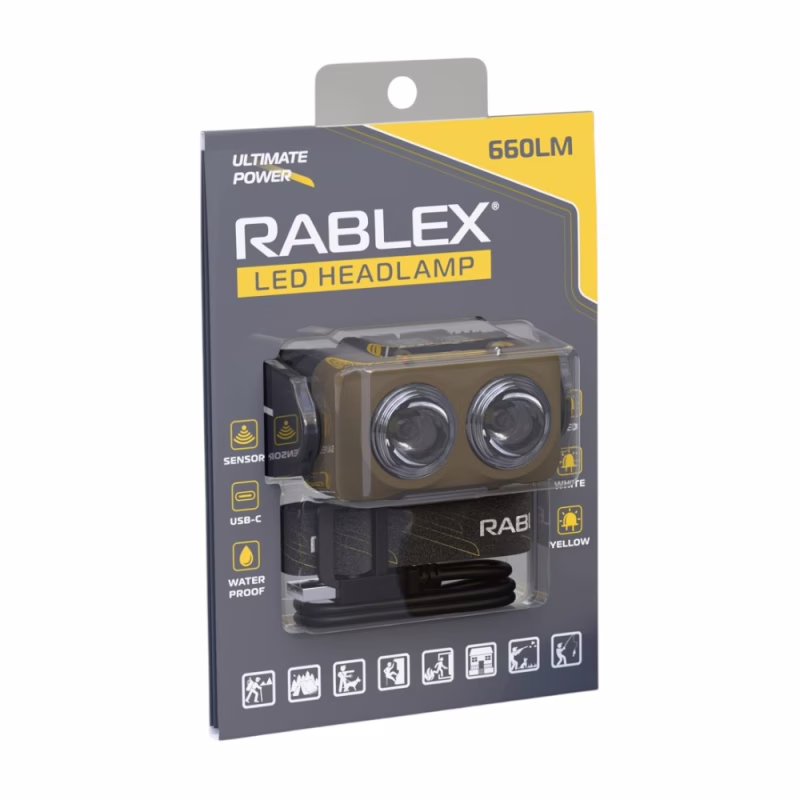 Налобний ліхтар Rablex RB976, жовтий + білий + червоний, 3хT6+4хCOB, Sensor, акум, Type-C