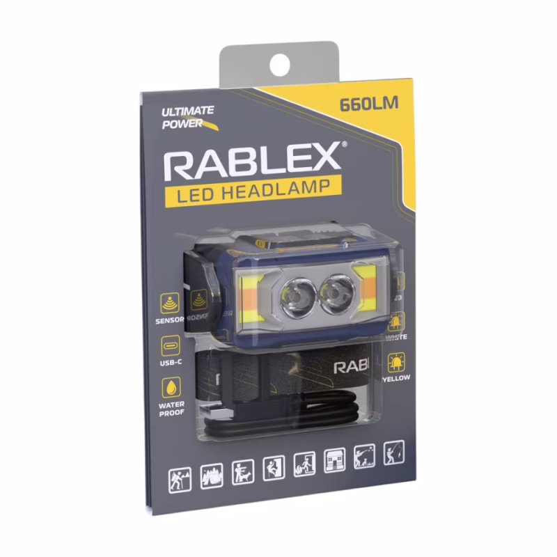 Налобный фонарь Rablex RB980, жёлтый+белый+красный, 3хT6+4хCOB, Sensor, аккум, Type-C