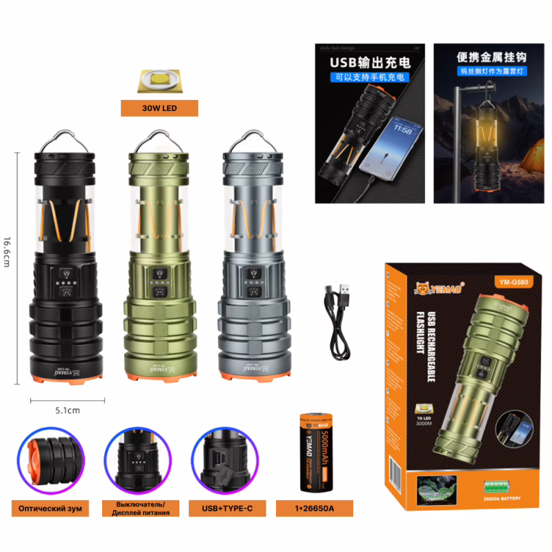 Ручний ліхтар YEMAO YM-G580, 2500LM, 30 W LED, 1*26650 акум, TYPE-C